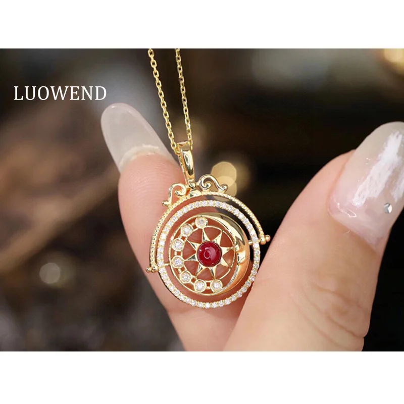 

LUOWEND 18K Yellow Gold Necklace Vintage Sun Circular Pendant Real Diamond Natural Ruby Necklace for Women High Party Jewelry