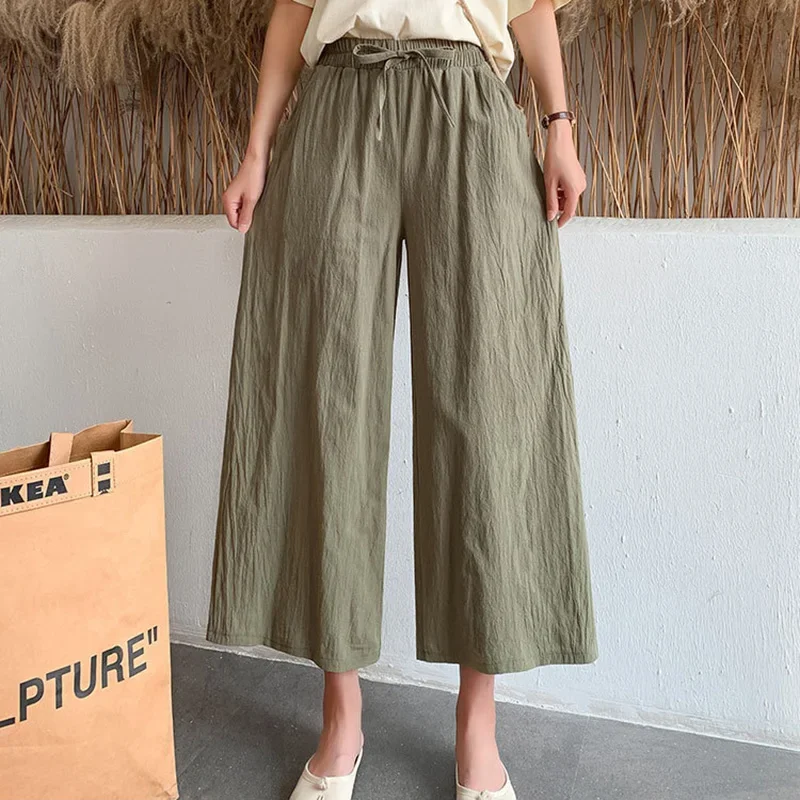 2024 new Spring Summer Women Wide Leg Cotton Pants Casual Loose Ealstic Waist Wide Leg Calf-Length Pants for Female Trousers