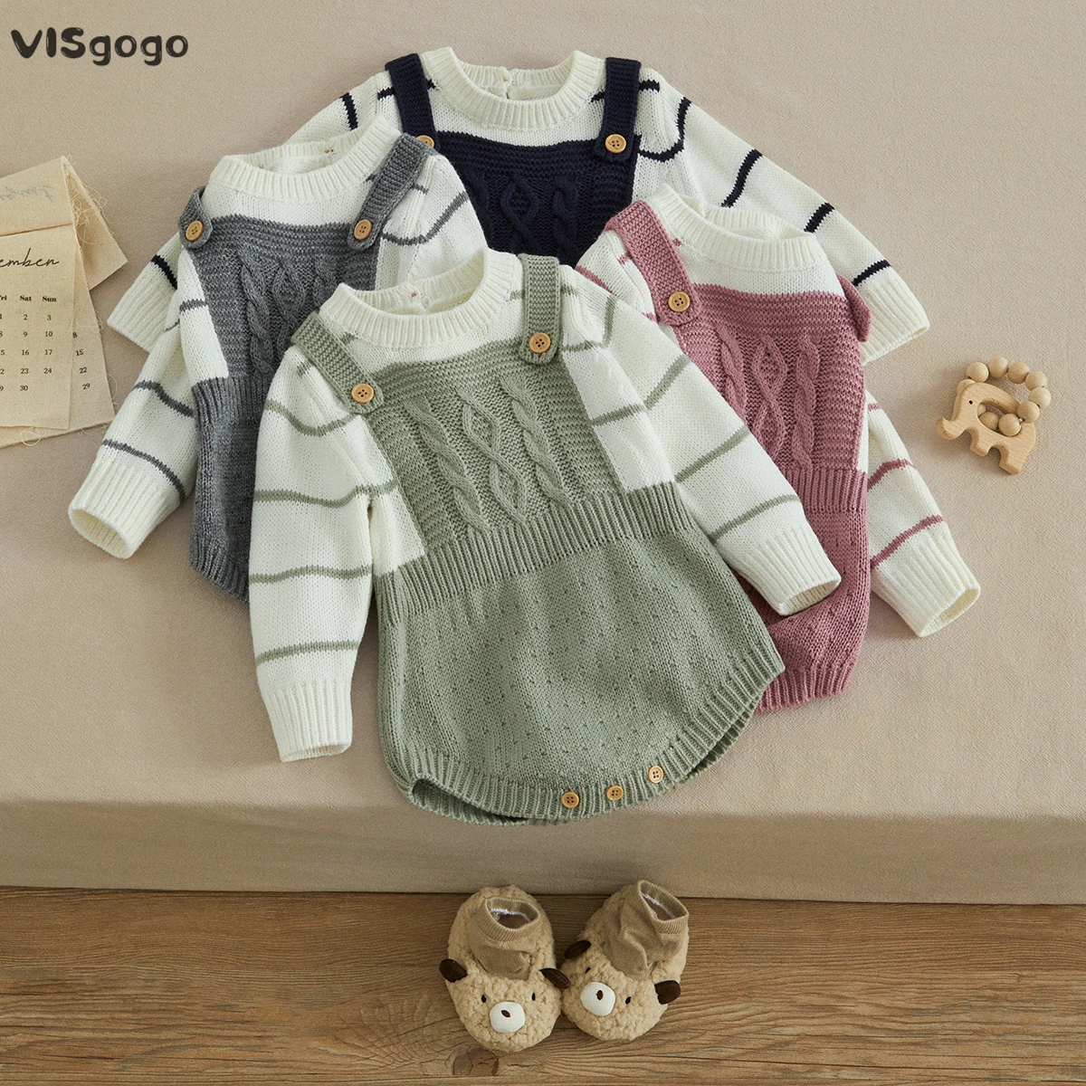VISgogoToddlerBabyKnitSweaterRompersStripedCasualFakeTwoPiece