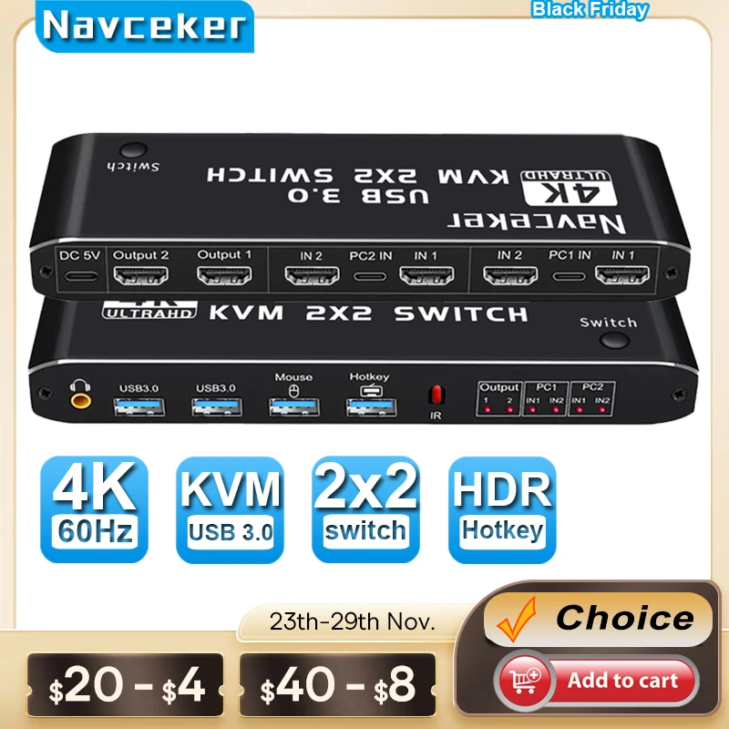 Navceker Switch Kvm Compatibile Hdmi 4K 60Hz 2 Porte Dual Monitor Usb 3.0 Kvm Switch 1080P Usb Kvm Switcher Hdmi Con Porta Usb 3.0