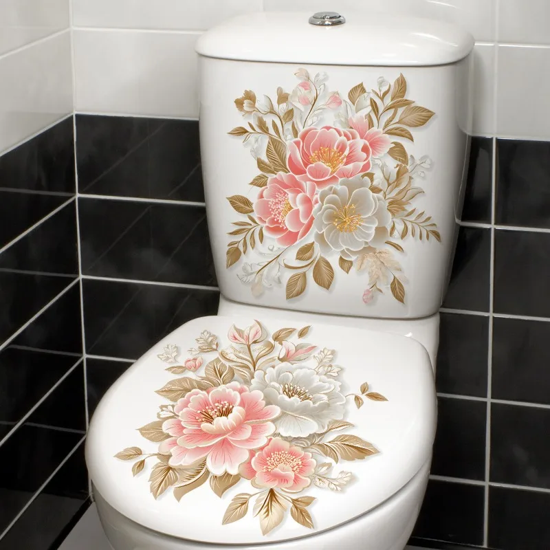 Natural Plant Luxury Flowers Waterproof Toilet Sticker Bathroom Toilet Cover Decoration Self Adhesive Wall Stickers Decal