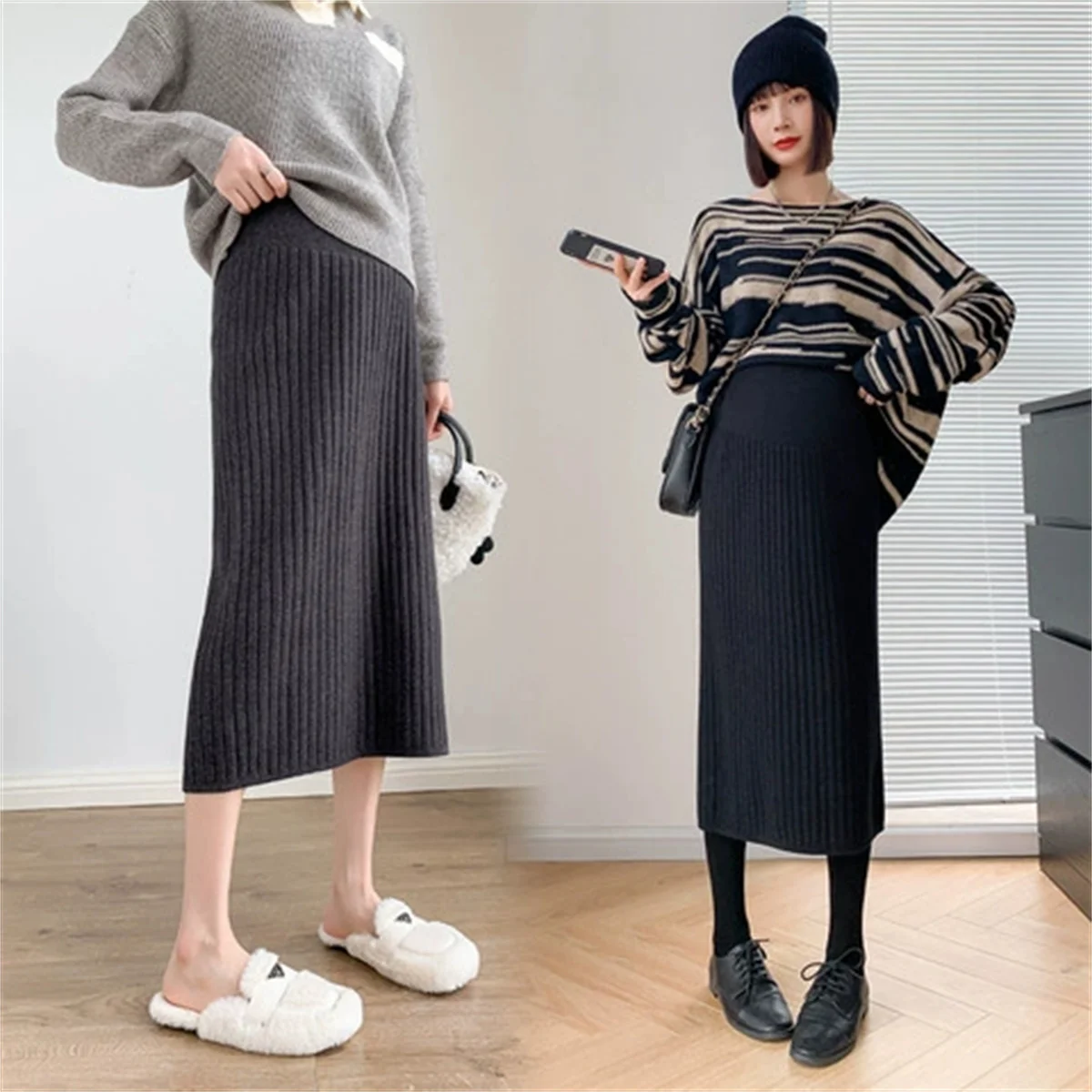 Pregnant women skirt in the long knitted belly skirt high-waisted slimming package hip over the knee bottom