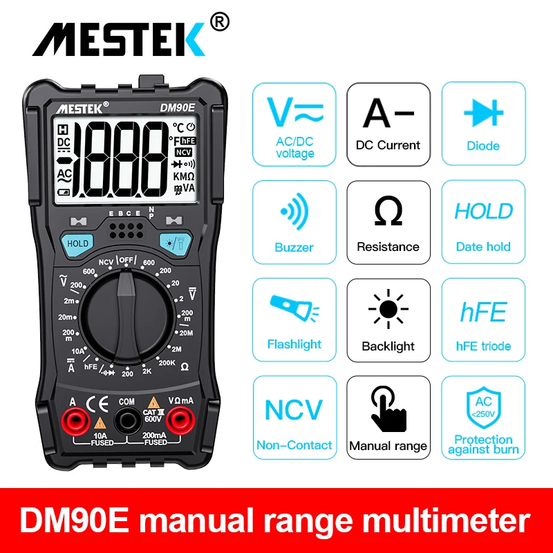 

MESTEK Manual Range Digital Multimeter 1999 Counts LCD AC/DC Voltmeter Ammeter Ohm Resistance Tester NCV hFE Triode Flashlight