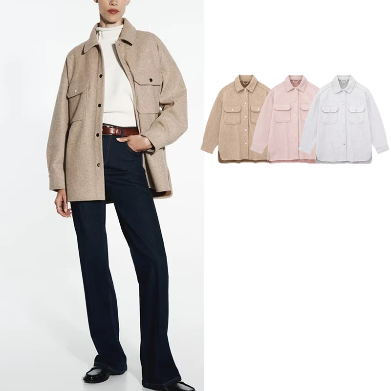 

TRAF 2023New Women's Shirt Jacket Soft Fashion With Pockets Jackets CoatCoat Vintage Long Sleeve Loose Female Outerwear Chic Top