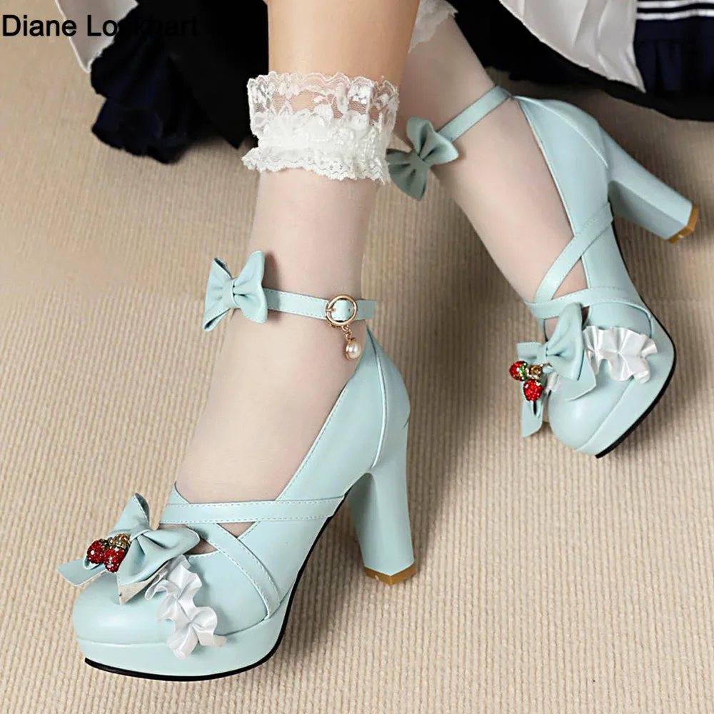 2024 Summer Ladies Platform Cute Bow Lace Princess Mary Jane Sweet Girls Lolita Shoes Party High Heel Buckle Women Pumps 31-43