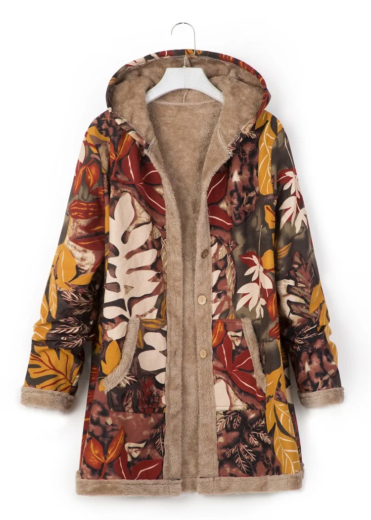 

2023 Winter Women's Cotton Hemp Printed Hooded Sweater Warm Plush Coat