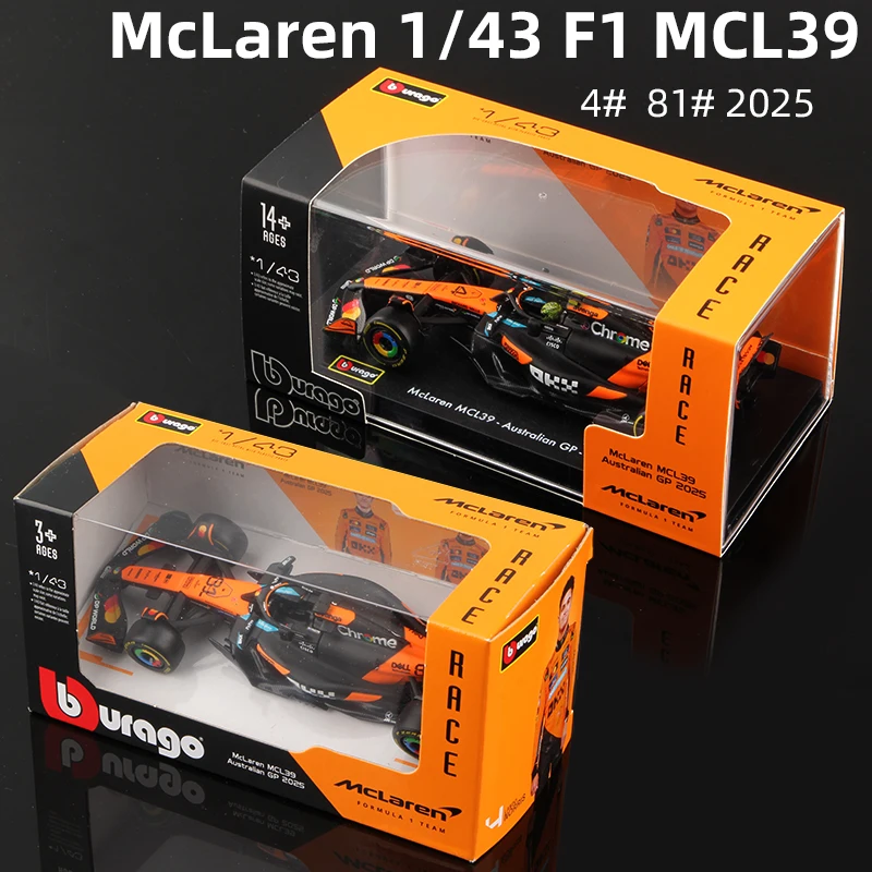 Bburago - McLaren F1 MCL39 2025#4 Norris, Coche diecast a Escala 1:43 con Vitrina expositora, réplica Detallada del F1 McLaren, Base incluida, Licencia Oficial, Edad Recomendada 14 años