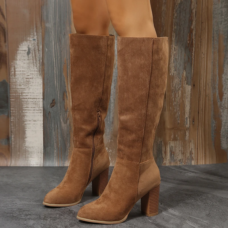 

Boots Women Cowboy Heels Western Chunky Shoes Leather Knee High Long Elegant Designer Plus Size New Rock Pole Dance Brown