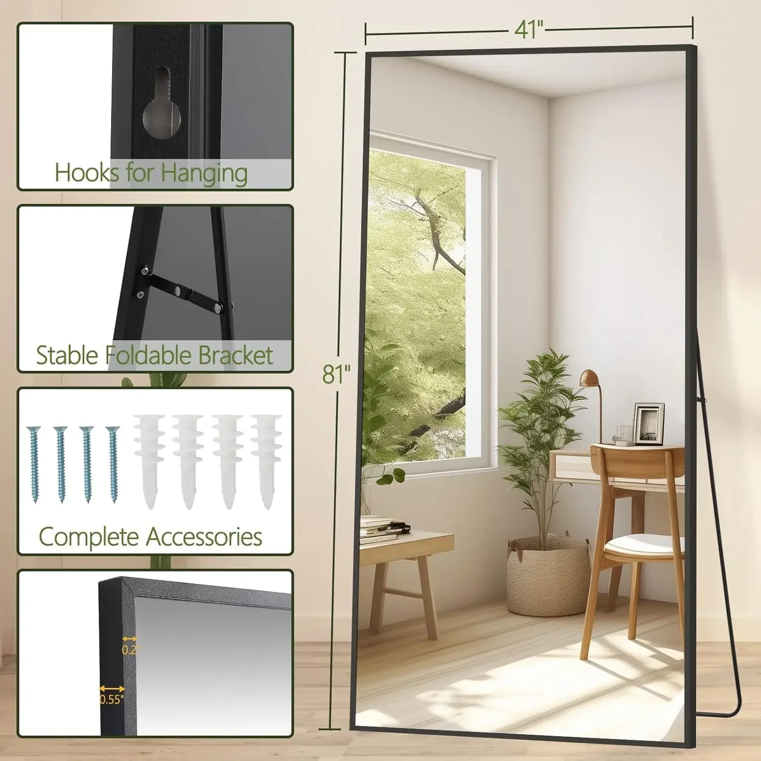 Large Full Body Mirror for Bedroom Living Room Gym, Black Mirror Full Length with Tempered Glass,