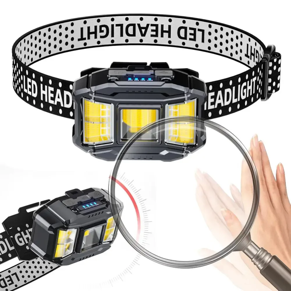 COB LED Strong Light Headlight 5 Gears Head Mounted Flashlight Power Display Powerful Headlight Torch for Outdoor Night Fishing