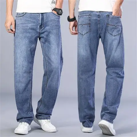 thumbnail image 1 of Pantalones vaqueros para hombre con estilo, clásicos, retro, holgados, de verano, rectos, azules claros, ajustados, con corte de bota cónico, pantalones vaqueros para hombre, 1 of 5