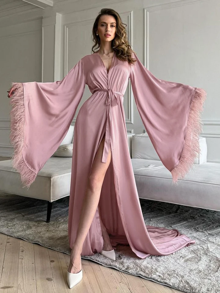 Robe Beautiful Night Dresses For Ladies Marthaqiqi Fashion Women Robe Sexy  V-Neck Sleepwear Long Sleeve