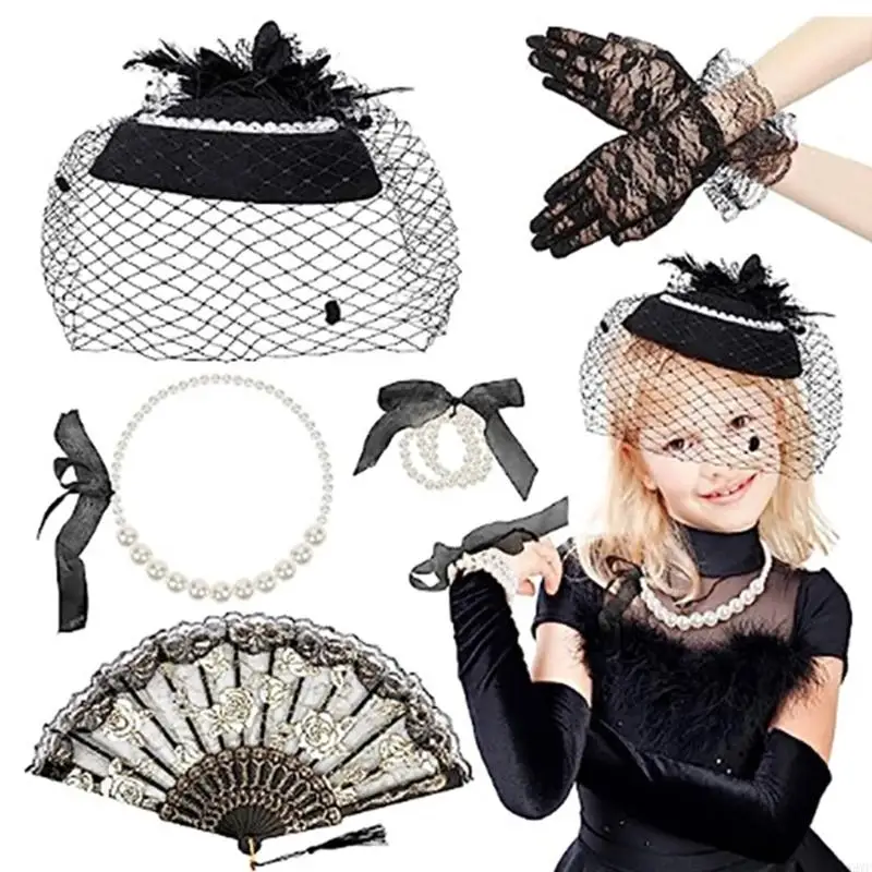 49MF Small Hat Mesh Lace Gloves & Imitation Pearl Necklace Set for Girls, 5 Pieces 20s Vintage Tea Party Accessories Set