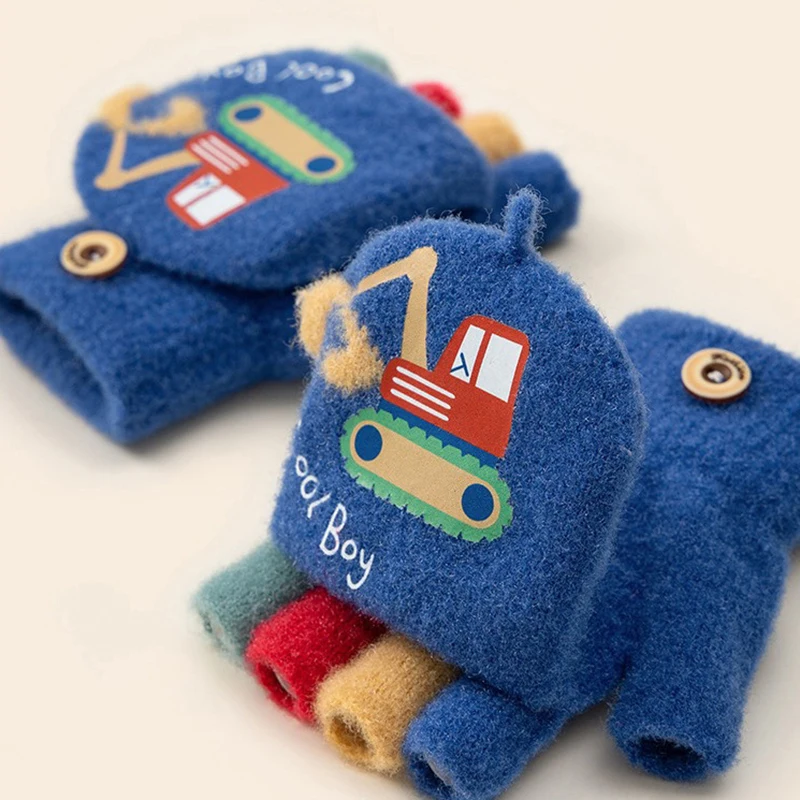 Winter Gloves Baby Mittens Cartoon Winter Gloves for Boy Cute Excavator Thick Warm Kids Half Finger Flip Mittens Outdoor Toddler Windproof Children Gloves