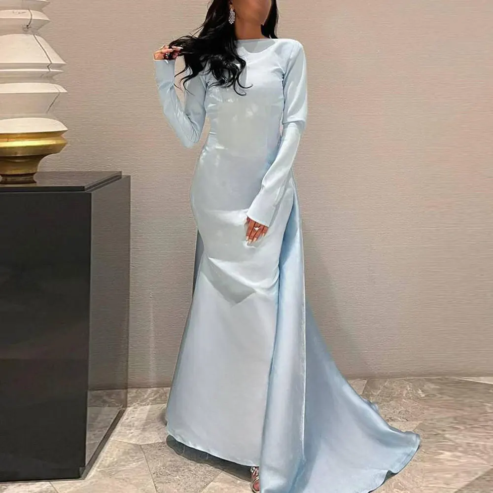 

Evening Dress Mermaid Satin Long Sleeve Draped Backless Fashion Saudi Arabia Floor Length Party Gown Dubai Women's Prom Dresses