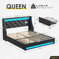 Queen Bed Frame with LED Lights and Charging Station, PU Leather Bed with Drawers, Wooden Slats, Noise Free,  Bed Frame 2