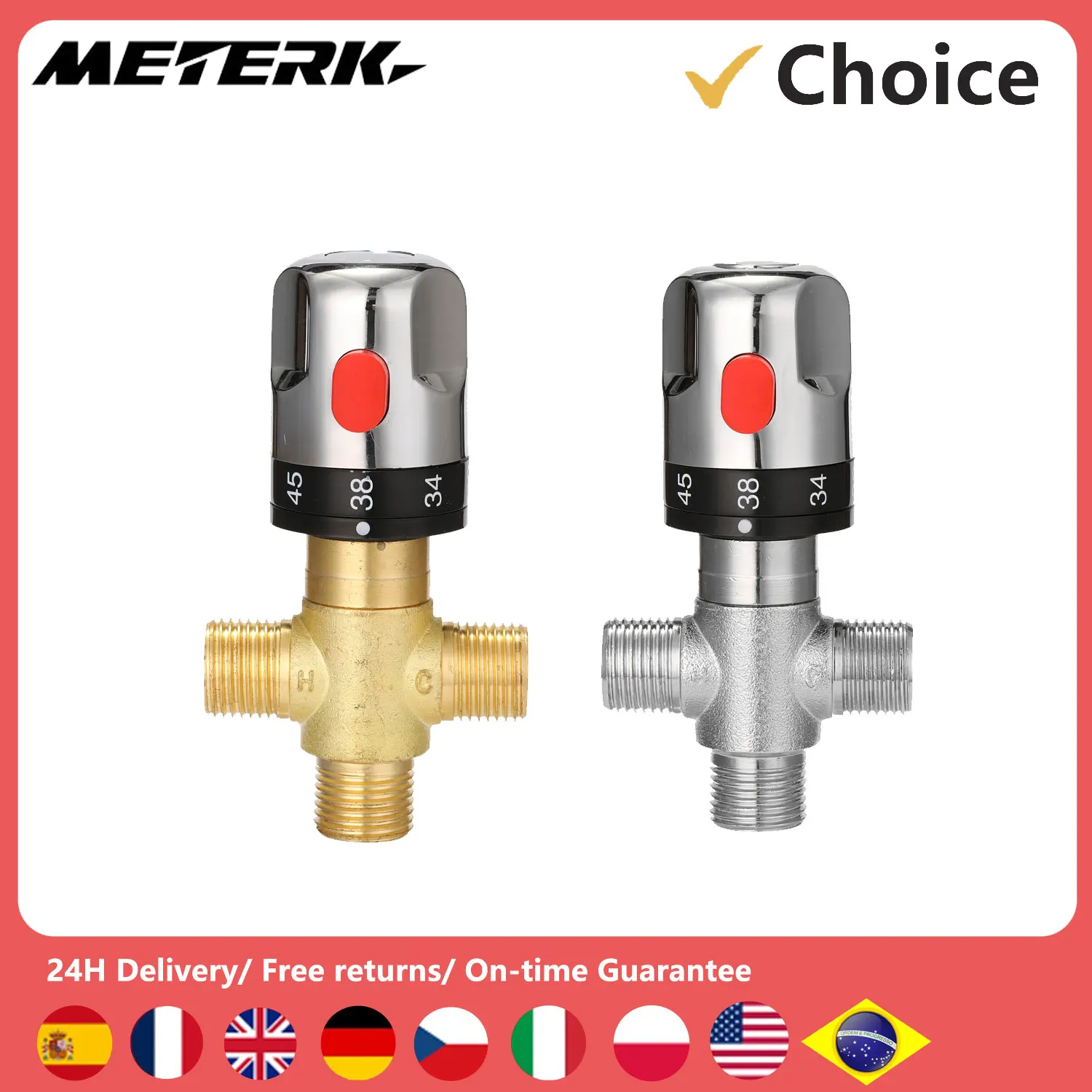 Bathroom Adjustable Thermostatic Mixer Valve Brass Water Mixer Hot/Cold Water Mixing Temperature Control Valve Water Heater Tool