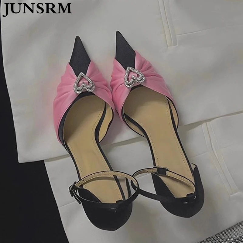 

Love Shape Rhinestone Bowknot High Heels 2024 New Pointed Toe Thin Heel Hollow Silk Patchwork Elegant Banquet Wedding Sandals