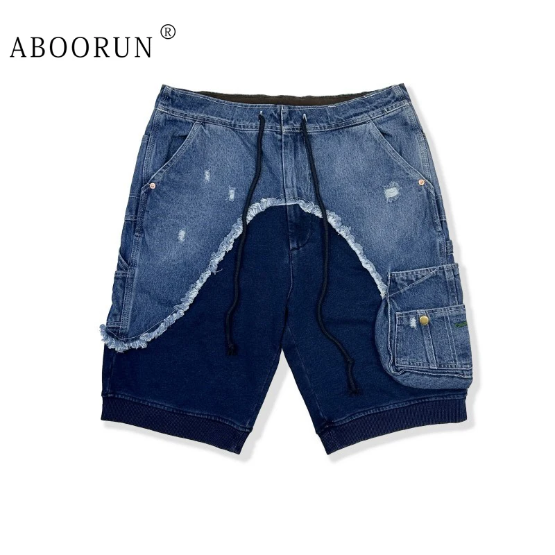ABOORUN Hi Street Men's Patchwork Denim Shorts Multi Pockets Cargo Shorts for Male