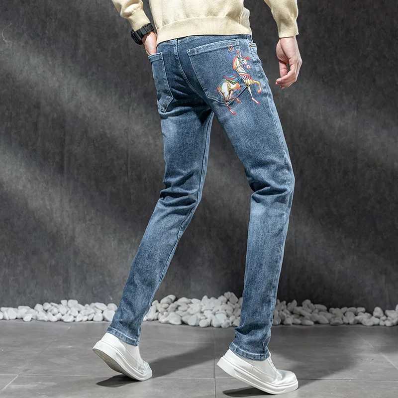 Autumn Winter Slim-Fitting Jeans for Men Ankle-Tied Cotton Elastic Korean 3D Printing Horse-Drawn Tram Embroidery Denim Pants 4