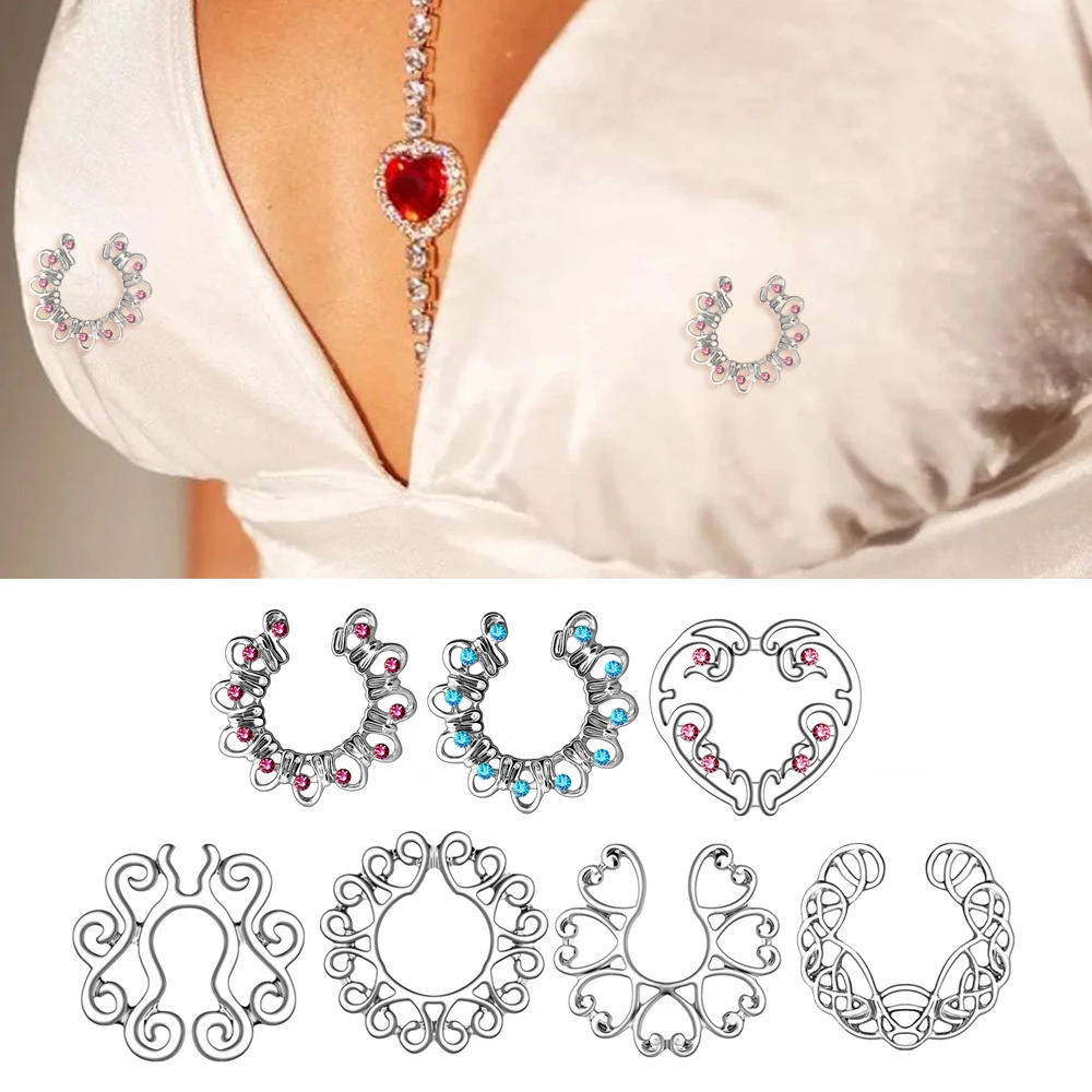 2pcs/set Women Men Cubic Zirconia Heart Decor Nipple Ring Fake