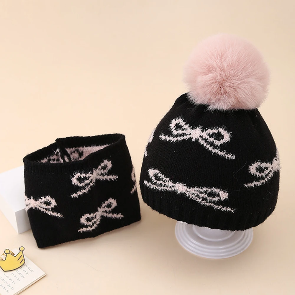 Winter Baby Hat Scarf Set Jacquard Bow Plush Warm Caps Sweet Girls Infant Beaines For Kids 6-36 Month