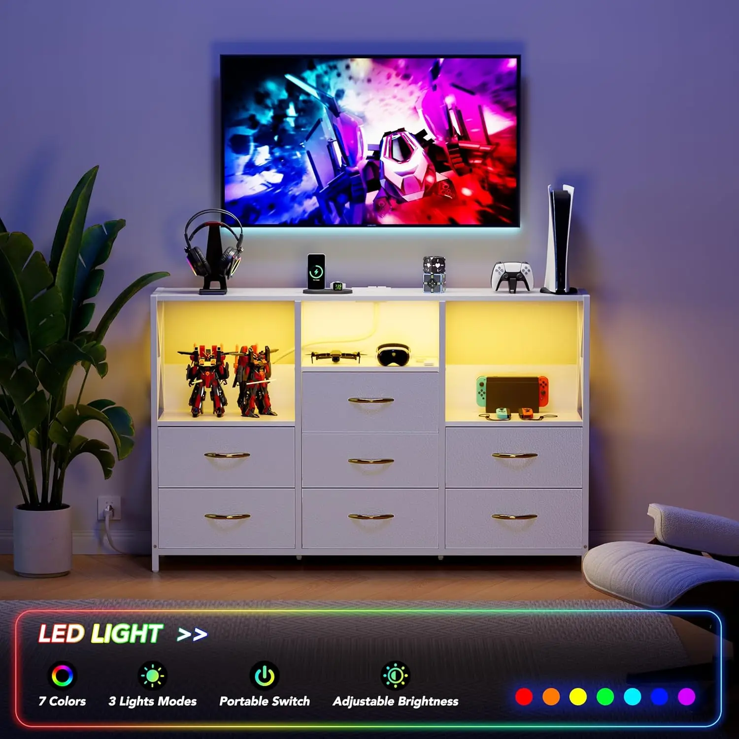 White Dresser. Bedroom. 65" TV Stand with Charging Station & LED Lights. 7 Fabric Drawers. Solid Wood Top. Living Room. Closet.