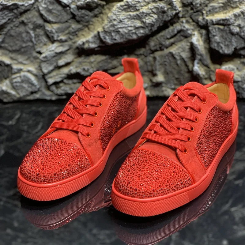 

Luxury Designer Breathable Crystal Leather Low Tops Red Bottoms Shoes For Men's Casual Flats Loafers Women's Rhinestone Sneakers