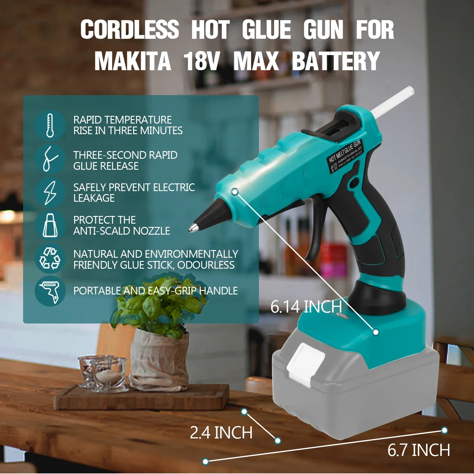 50W Cordless Hot Melt Glue Gun with 30Pcs 7mm Glue Sticks Repair DIY Tool  Fit for Milwaukee/Dewalt/Makita 18V Li-ion Battery