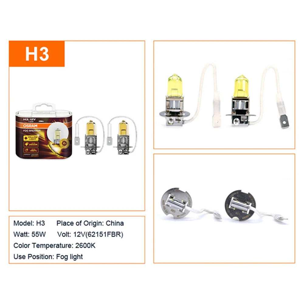 OSRAM FOG BREAKER H3 62151FBR Pk22s Headlight 12V 55W 2600K +200% Yellow Fog Light +60% Bright Car Halogen Lamps (Pair) 2