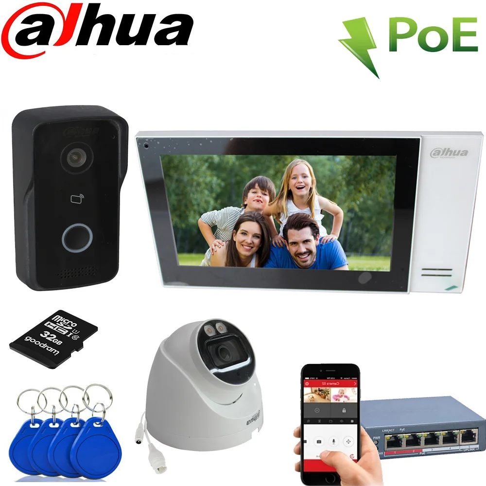 Dahua DH-VTO2111D-P-S2 VTH2421FW-P IPC-HDW2439T-AS-LED-S IR POE Video Intercom camera kit IP Villa Door Station Outdoor Control