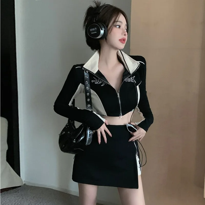 

Women Sexy Lapel Zip Cropped Jacket High Waist Wrap Hip Skirt Two Piece Set Side Slit Mini Skirt Party Girl Elegant Y2k Suit New