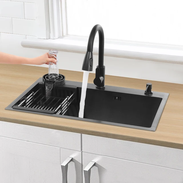 Kitchen Sink with Pull-Out Faucet, Large-Capacity Cleaning Quick Drainage for Home Restaurant Laundry Room Basement Bar Kitchen