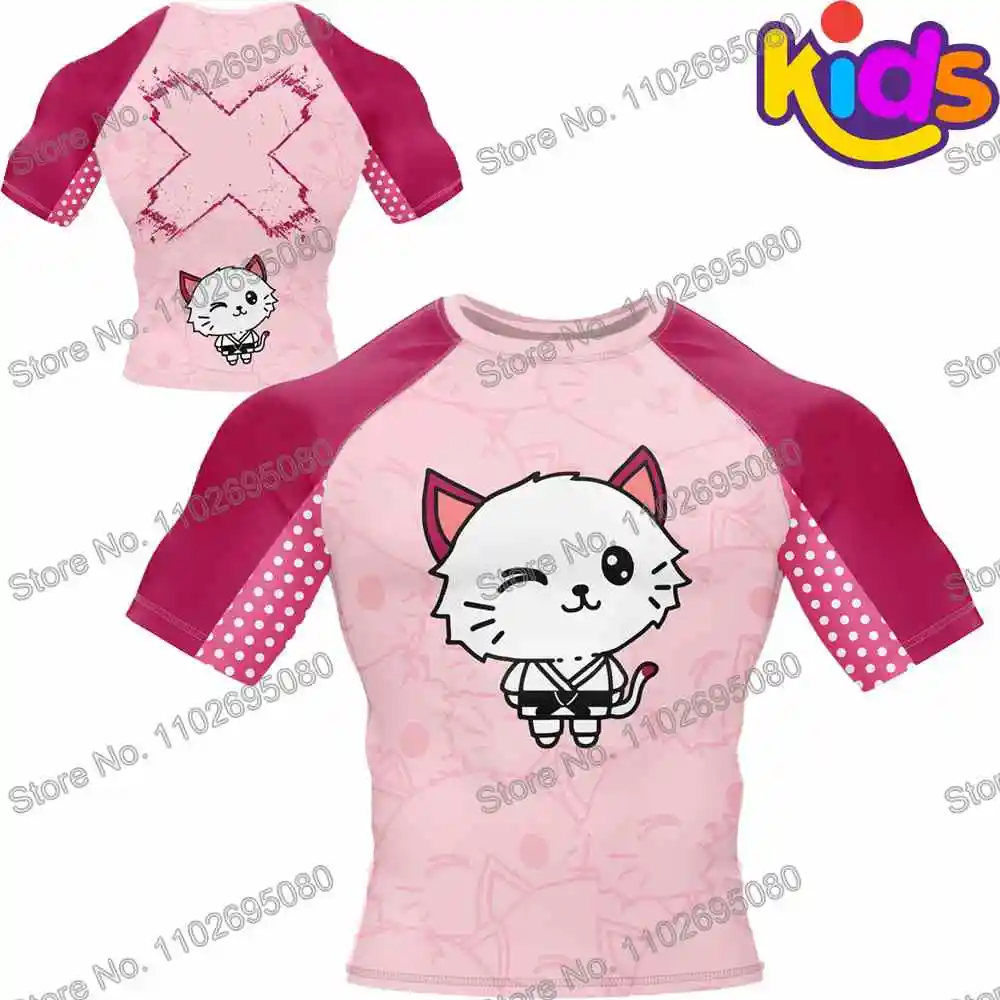 Kids Jujitsu Cat Surf Clothing BJJ MMA Boys Rash Guard Short Sleeve Diving T-Shirt Tight Swimwear Summer Beach Floatsuit Girls rash guard