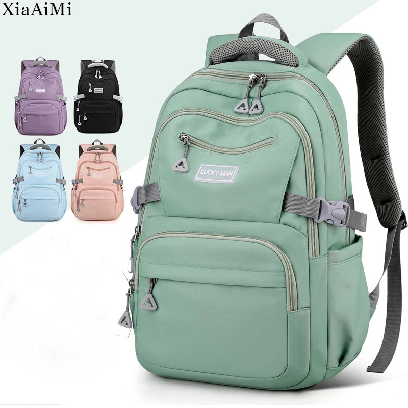 Women's Backpack Fashion Solid Color Backpack Teenage Girls School Shoulder Bag Waterproof Nylon Bagpack