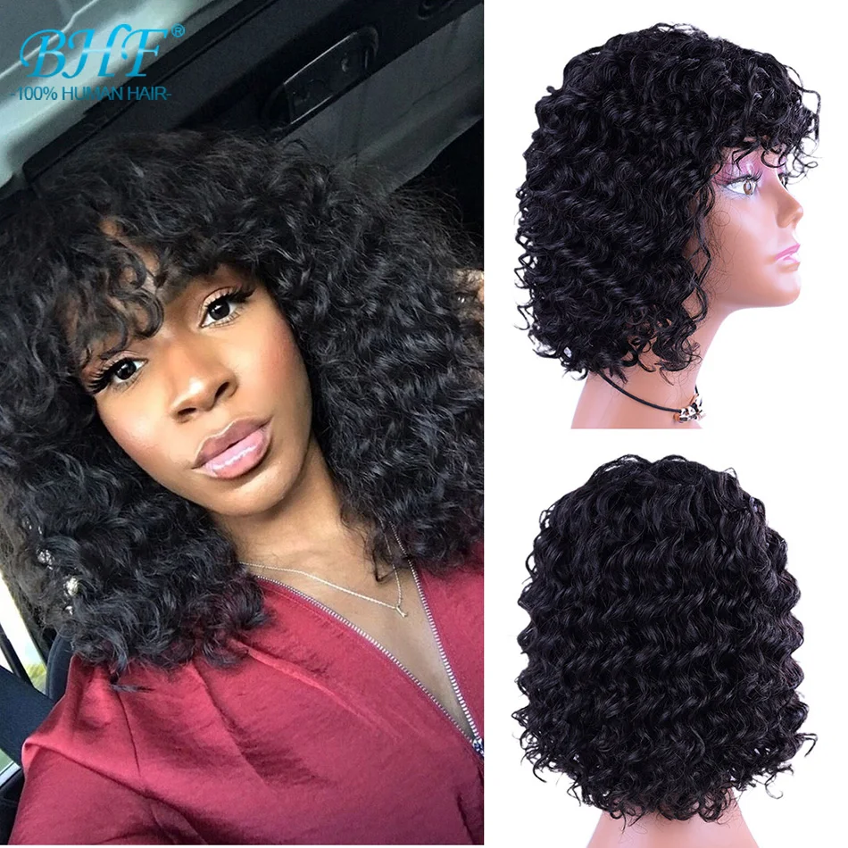 

BHF Afro Curly Bob Wigs With Bangs Human Hair Jerry Curly Bobo Wig Glueless Brazilian Remy Human Hair Wigs For Black Women