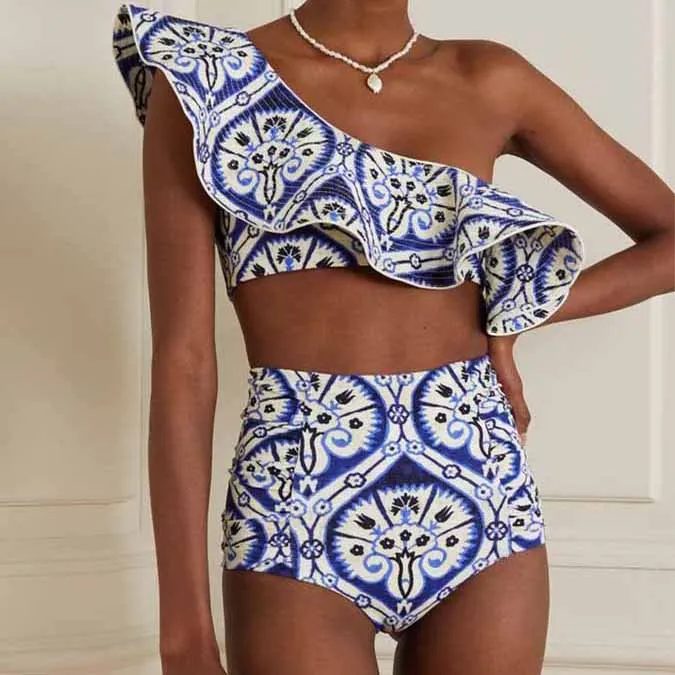 

One-Shoulder Swimsuit 2023 Fashion Beach Outfits Women Swimwear Summer Blue Ruched Printed Bikini Set High Waist Beachwear