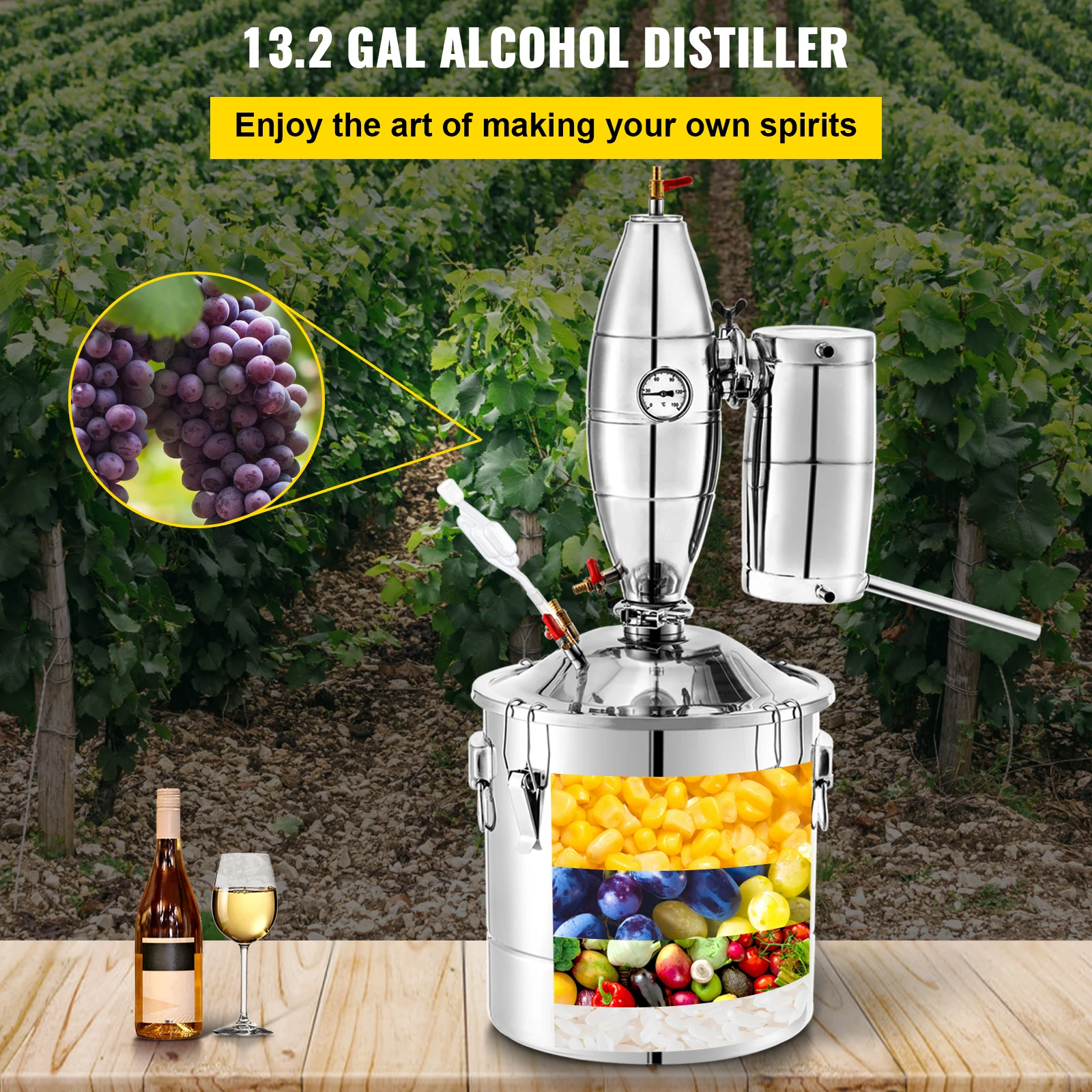 VEVOR 50L Water Alcohol Distiller 304 Stainless Steel Alcohol Still Wine Making Boiler Home Kit w/Thermometer for Whiskey Brandy 2