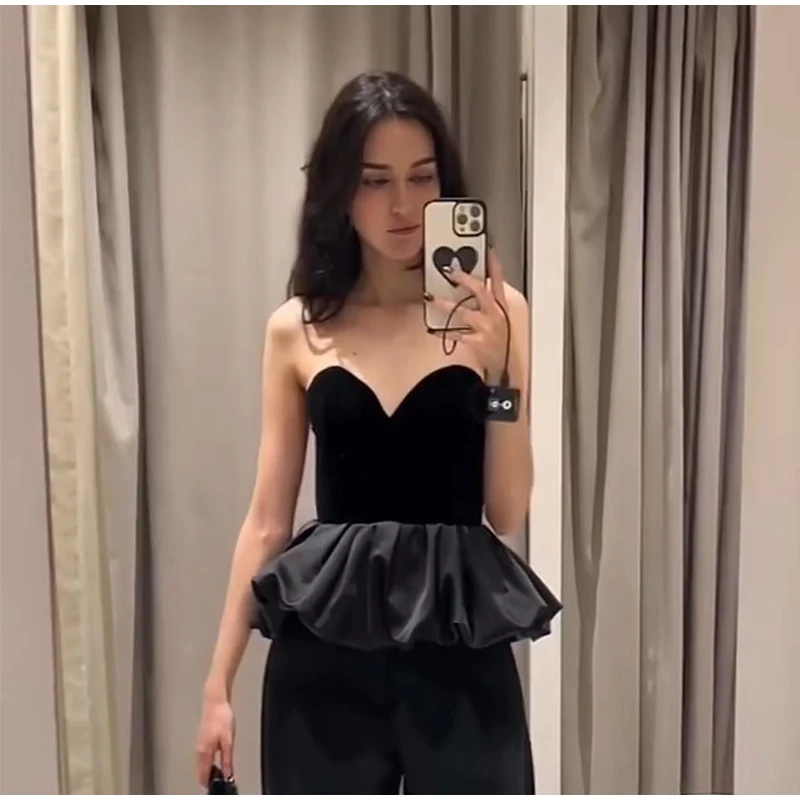 Sexy Off Shoulder Velvet Spliced Tube Top Women Black Backless Strapless Ruched A-line Tank Female 2025 Fashion Lady Party Gown