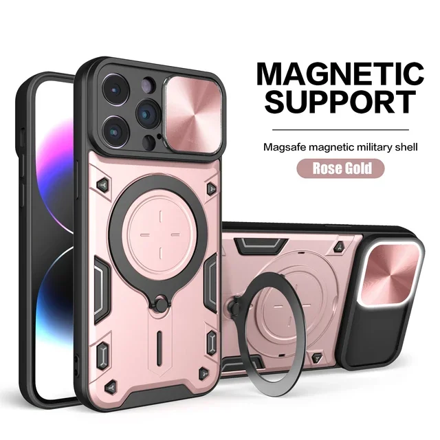 Hülle für iPhone 16 15 14 13 12 11 Pro Max Plus 8 7 Plus Magnetische drehbare Schiebekamera 360 Grad drehbare Kickstand Hülle_voghion.com
