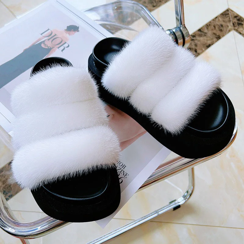 

European Station Ladies Casual Slippers Luxury High Quality Natural Mink Hair Fashion Real Plush New Solid Color Slippers 2023