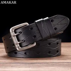 Men's Leather Double Prong Belt Classic Double Row Hole Belt Universal Hollowed Out Belt Jeans Men Waistband NEW Belts for Men.