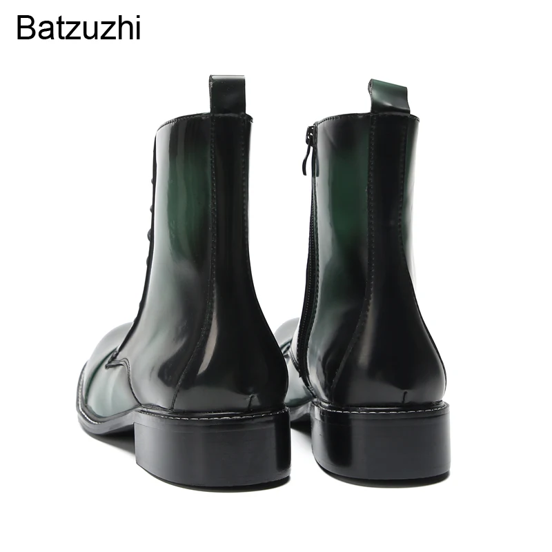 Batzuzhi Green Black Men's Boots Lace-up Genuine Leather Short Boots Men Fashion Motorbycle Boots for Men Round Toe, Big Size!