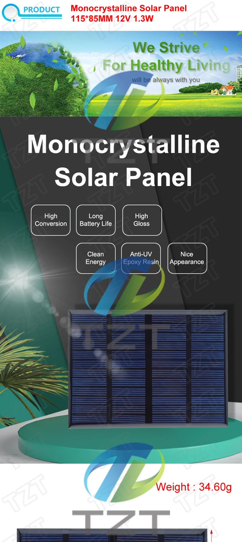 12V 1,3W 108MA Mini-Solarpanel TZT Epoxy Polykristallines Silizium DIY Batterie-Lademodul Solarzellen-Ladeplatte – Detail 1