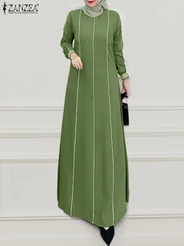 ZANZEA Hijab Muslim Women Abaya Robes Islamic Turkey Casual Color Block Long Sleeve Maxi Vestidos Vintage Autumn Long Dresses