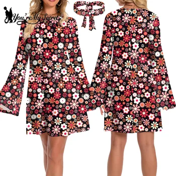 [You're My Secret] 60s 70s Women's Bohemian Style Disco Floral Printed Outfit Dresses Holiday Hippie Costume Clothes Vestidos