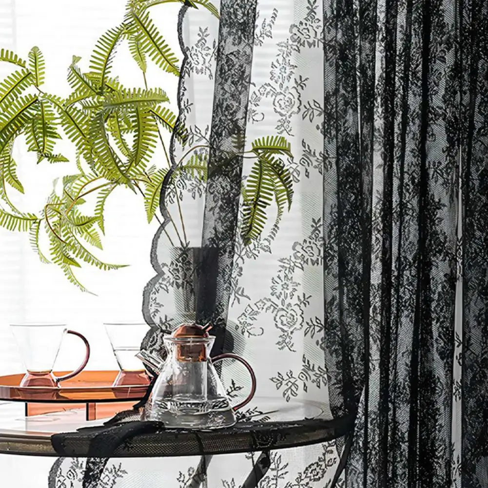 Black Lace Sheer Curtain Floral Lace Sheer Rod Pocket Curtain Panel Living Room Decoration Window Curtains Window Drape Shades 3