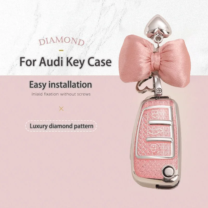 ZVRSUA Autosleutelhoes met diamant bling, sleutelhanger, compatibel met Audi A1, A3, S3, A4, S4, RS4, A6, S6, RS6, Q3, Q5, Q7, TT R8, Seat Exeo, sleutelcover, vouwsleutel, 3 toetsen, roze
