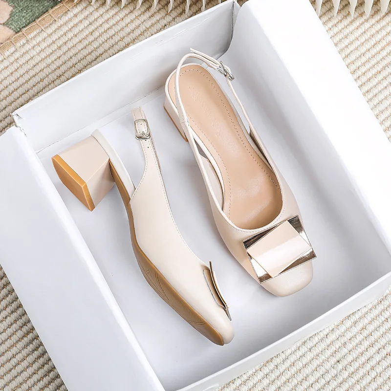 Women Genuine Leather Pumps Slingback Punk Studs Rivet Shoes Square Toe Block High-heels Nude Pump Lady 32-43