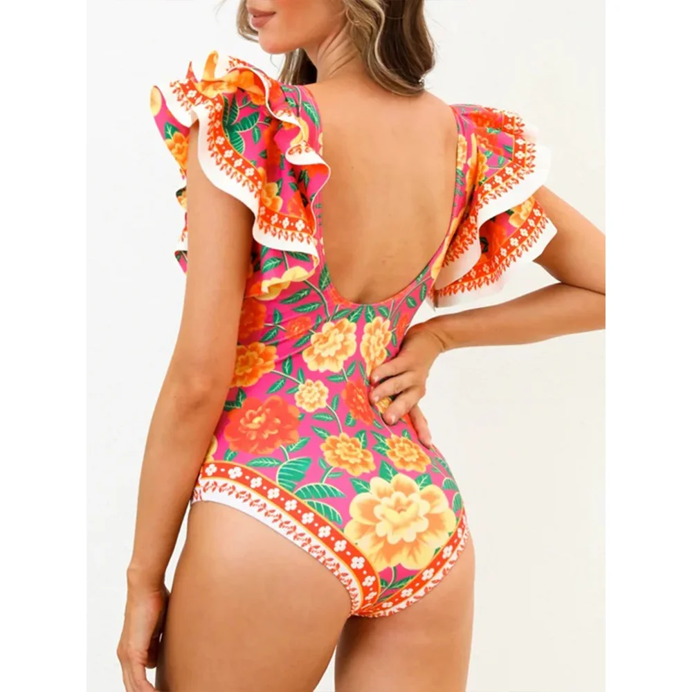 2023 Vintage Fashion Printed One Piece Swimsuits Ruffle Design Bikini Set and Skirt Women Luxury Bathing Suit Beachwear Swimwear